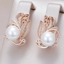 Жіночі сережки листок з перлиною (золото 585п) англійський замок Rose Leaf GONCHAR & CO. ювелірний сплав