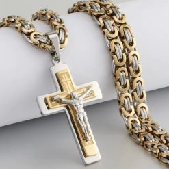 Чоловічий ланцюжок бісмарк візантійський з хрестиком (срібло + золото) 6 мм 55–65 см GONCHAR & CO. ювелірний сплав