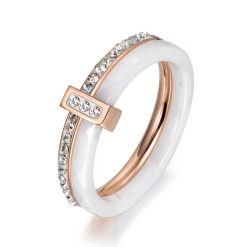 Каблучка біла кераміка доріжка з цирконами (золото 585п) 6 мм 16–19 р White Ceramic Crystal Line GONCHAR & CO. ювелірний сплав