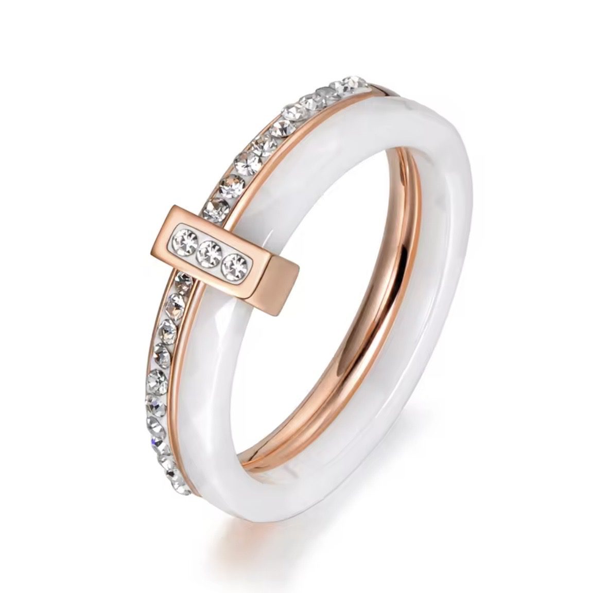 Каблучка біла кераміка доріжка з цирконами (золото 585п) 6 мм 16–19 р White Ceramic Crystal Line GONCHAR & CO. ювелірний сплав