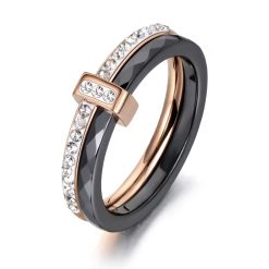 Каблучка чорна кераміка доріжка з цирконами (золото 585п) 6 мм 16–19 р Black Ceramic Crystal Line GONCHAR & CO. ювелірний сплав