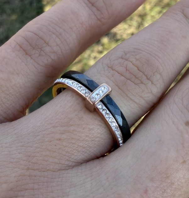 Каблучка чорна кераміка доріжка з цирконами (золото 585п) 6 мм 16–19 р Black Ceramic Crystal Line GONCHAR & CO. ювелірний сплав - Зображення 2