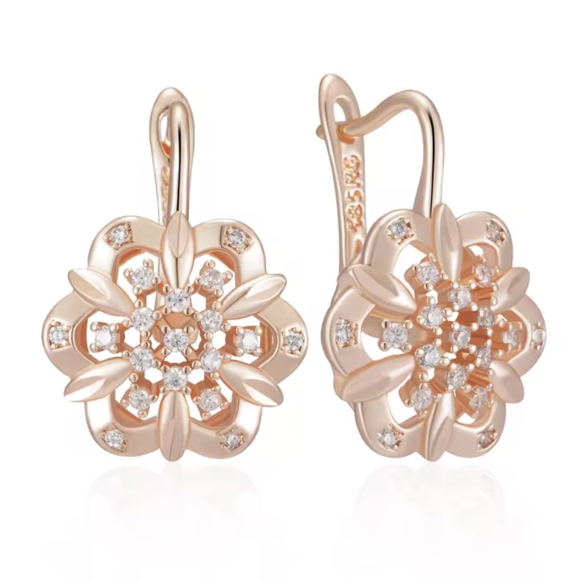 Жіночі сережки квітка з цирконами (золото 585п) англійський замок Floral Spark GONCHAR & CO. ювелірний сплав