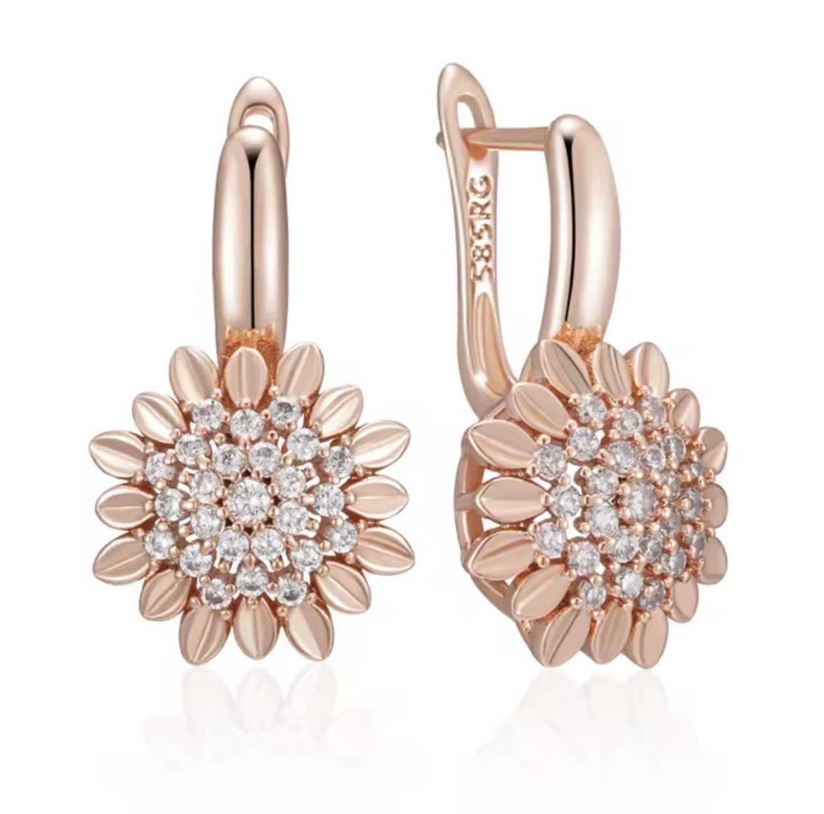 Жіночі сережки квітка з цирконами (золото 585п) англійський замок Diamond Lace GONCHAR & CO. ювелірний сплав