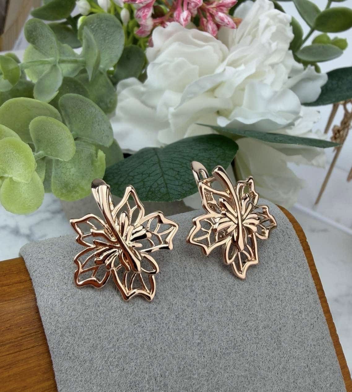 Жіночі сережки лист ажурні (золото 585п) англійський замок Golden Leaf Grace GONCHAR & CO. ювелірний сплав - Зображення 3