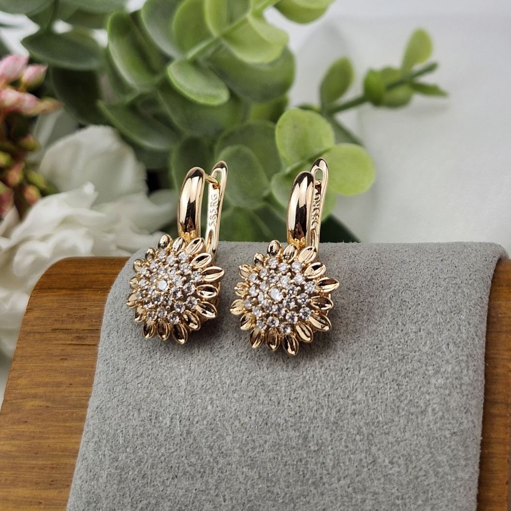 Жіночі сережки квітка з цирконами (золото 585п) англійський замок Diamond Lace GONCHAR & CO. ювелірний сплав - Зображення 4