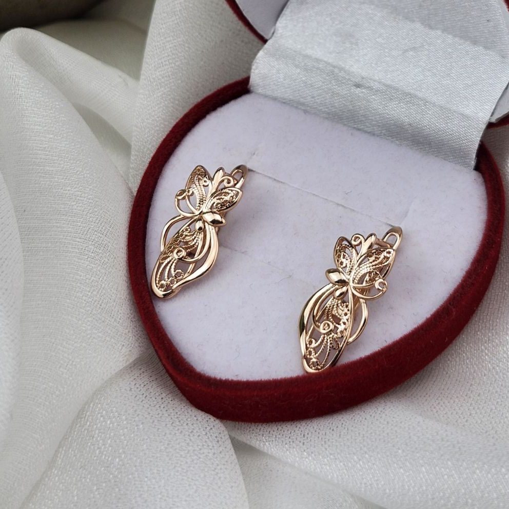 Жіночі сережки метелик ажурні (золото 585п) англійський замок Butterfly Lace GONCHAR & CO. ювелірний сплав - Зображення 3