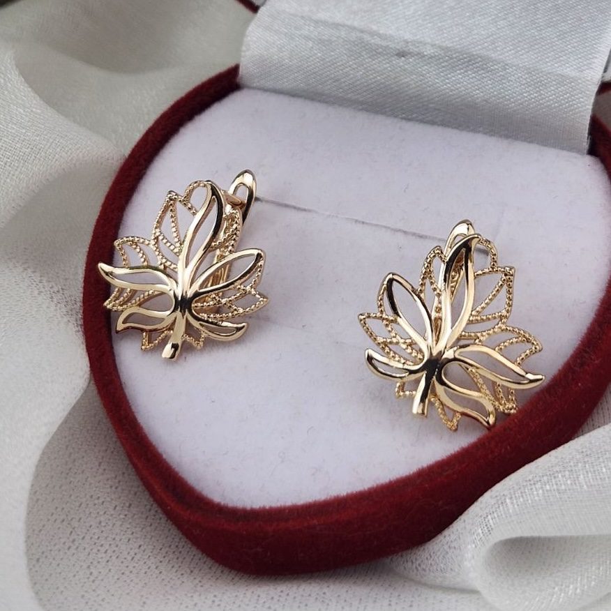 Жіночі сережки лист ажурні (золото 585п) англійський замок Golden Leaf Grace GONCHAR & CO. ювелірний сплав - Зображення 4