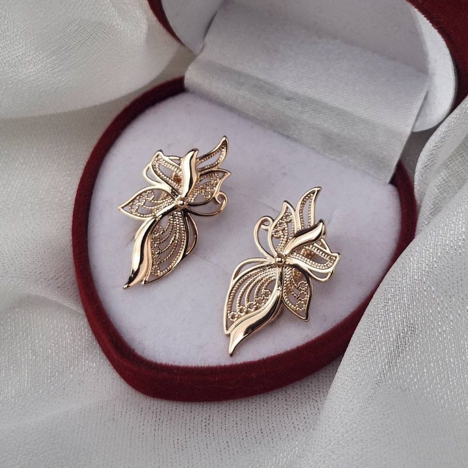 Жіночі сережки метелик ажурний (золото 585п) англійський замок Butterfly Lace GONCHAR & CO. ювелірний сплав - Зображення 7