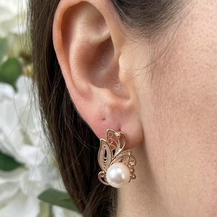 Жіночі сережки листок з перлиною (золото 585п) англійський замок Rose Leaf GONCHAR & CO. ювелірний сплав - Зображення 6
