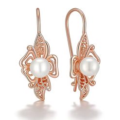 Жіночі сережки квітка з перлиною (золото 585п) французька петля Pearl Ornament GONCHAR & CO. ювелірний сплав