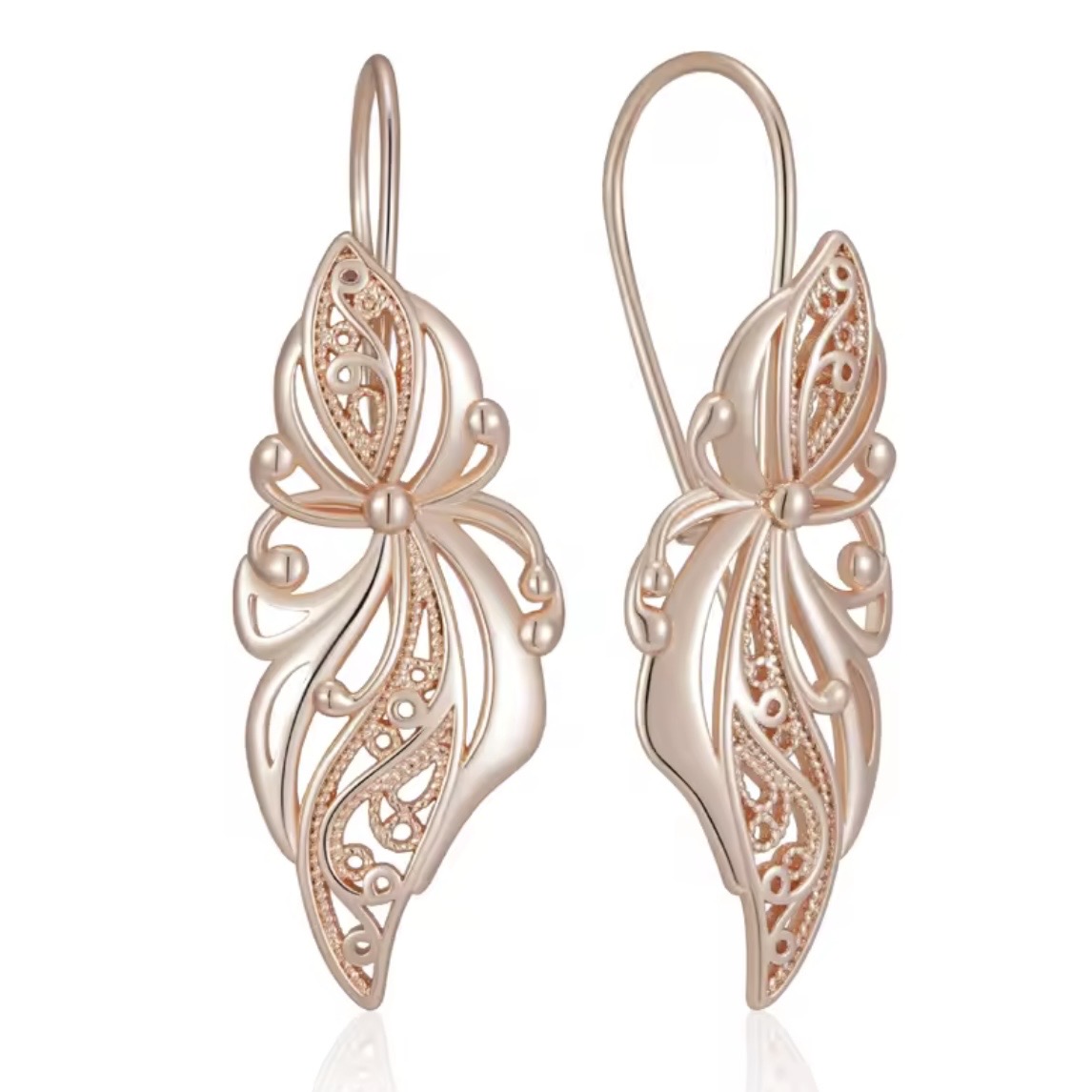Жіночі сережки ажурна квітка (Rose Gold 585) французька петля GONCHAR & CO. ювелірний сплав