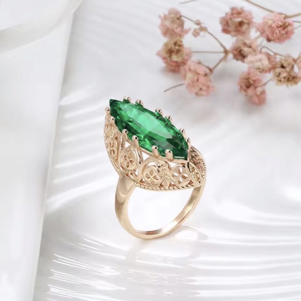 Каблучка маркіз з зеленим цирконом (золото 585п) 17–20 р Green Marquise GONCHAR & CO. ювелірний сплав - Зображення 2
