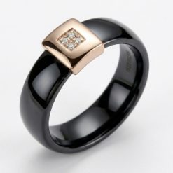 Каблучка чорна кераміка з цирконом (золото 585п) 7 мм 16–20 р Ceramic Square Shine GONCHAR & CO. ювелірний сплав