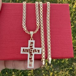 Ланцюжок плетіння бісмарк класичний та хрестик з орнаментом і цирконами (золото 585п) 4 мм 50–60 см GONCHAR & CO. ювелірний сплав