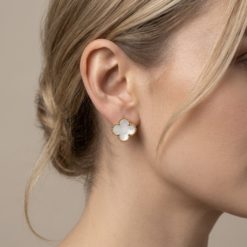 Альтернативний вигляд Жіночі сережки конюшина клевер білий перламутр кераміка (золото 585п) англійський замок Clover Pearl GONCHAR & CO. ювелірний сплав